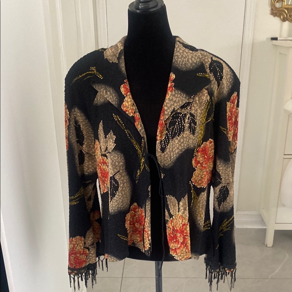 ARTEX Cardigan in Floral Black/Orange/Gold Fringes on sleeves Size Large